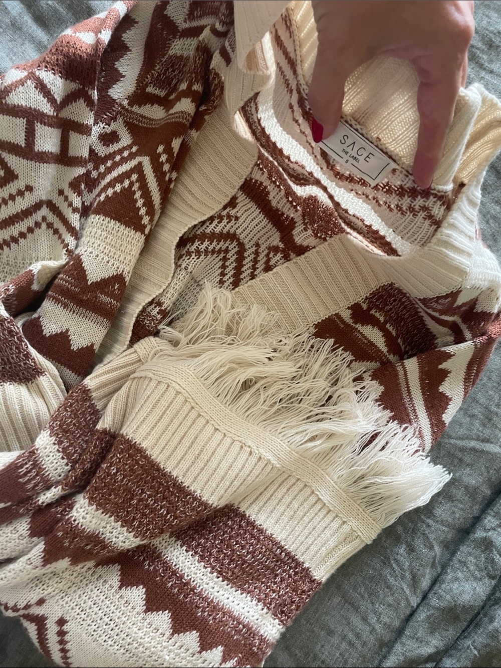 Sage Cream & Brown Fringe Geometric Crew Sweater
